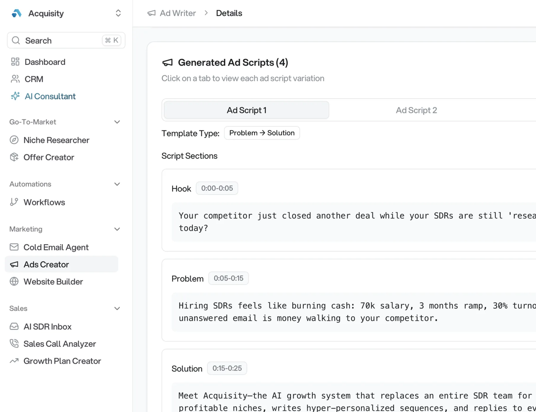 Acquisity AI Ads Agent showing AI Image Ads Maker with generated ad creatives and campaign performance data