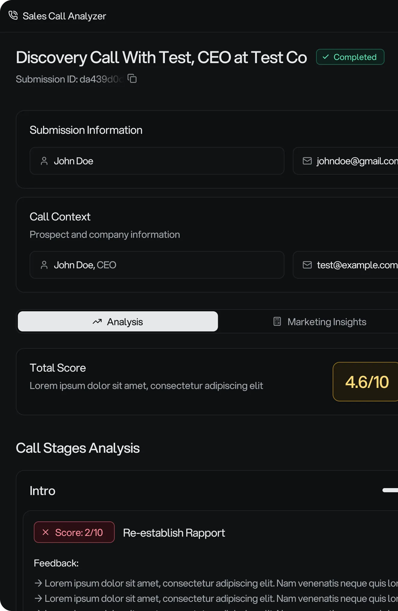 Acquisity Sales Call Analyzer showing completed discovery call analysis with scoring and feedback
