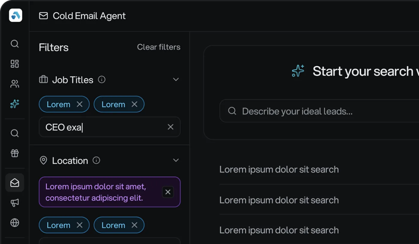 Acquisity Cold Email Agent niche research filters with job titles, locations, and AI-powered search suggestions