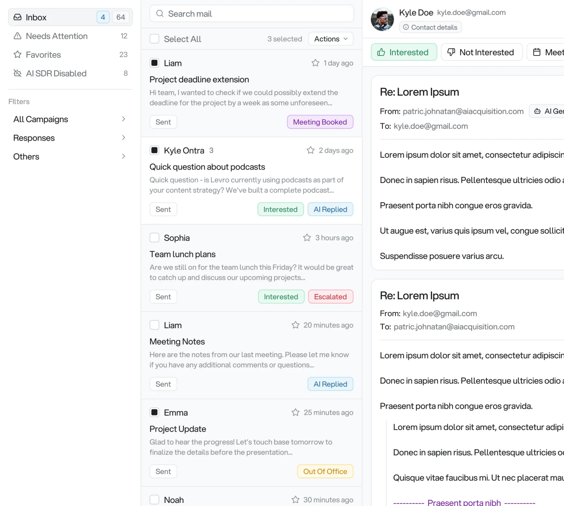 Acquisity AI SDR inbox showing email threads with lead replies, interest labels, and AI-generated responses