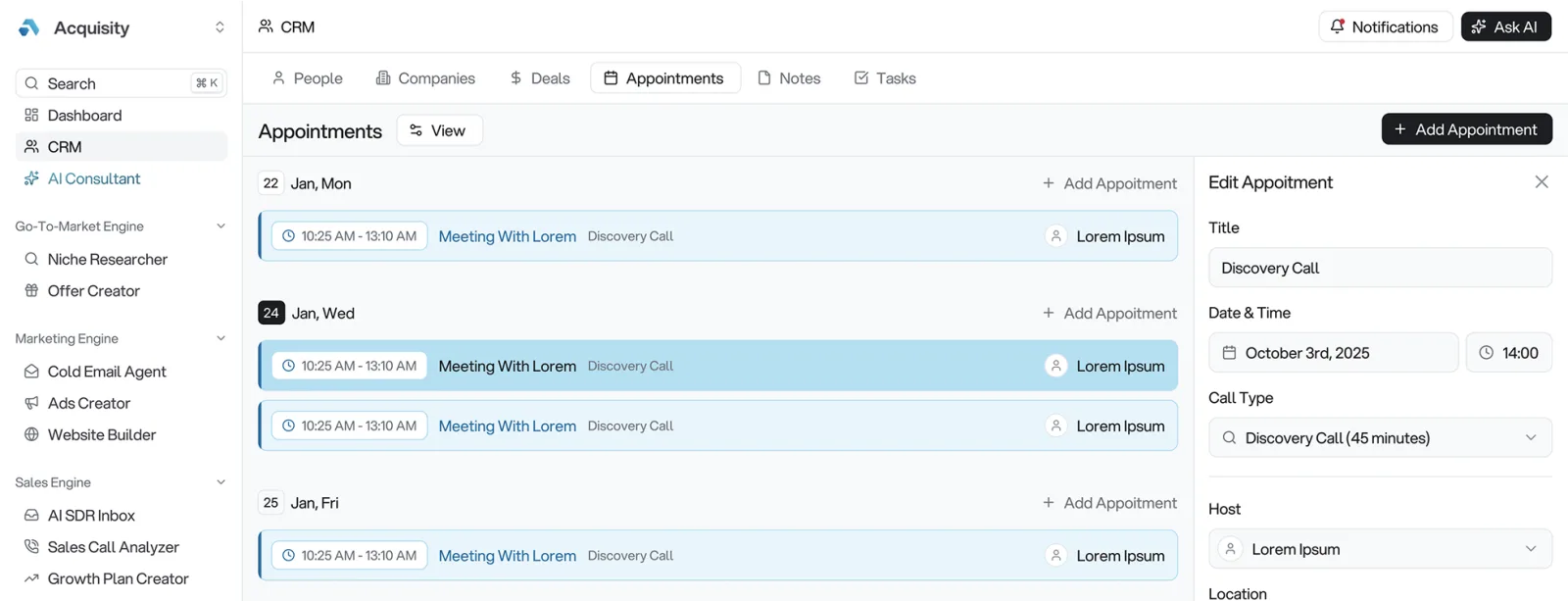 Acquisity appointments view with scheduled discovery calls showing higher booking conversion