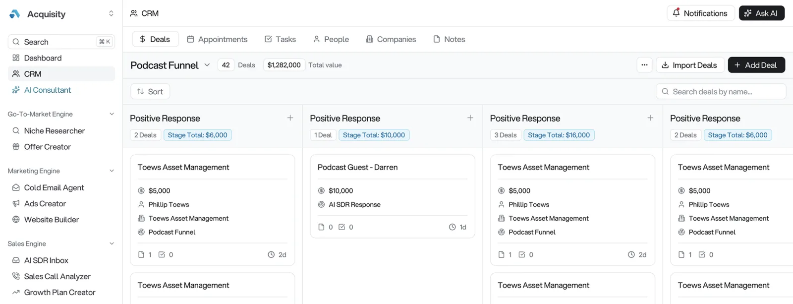 Acquisity CRM pipeline board with deals across stages showing scaled outreach without human SDRs