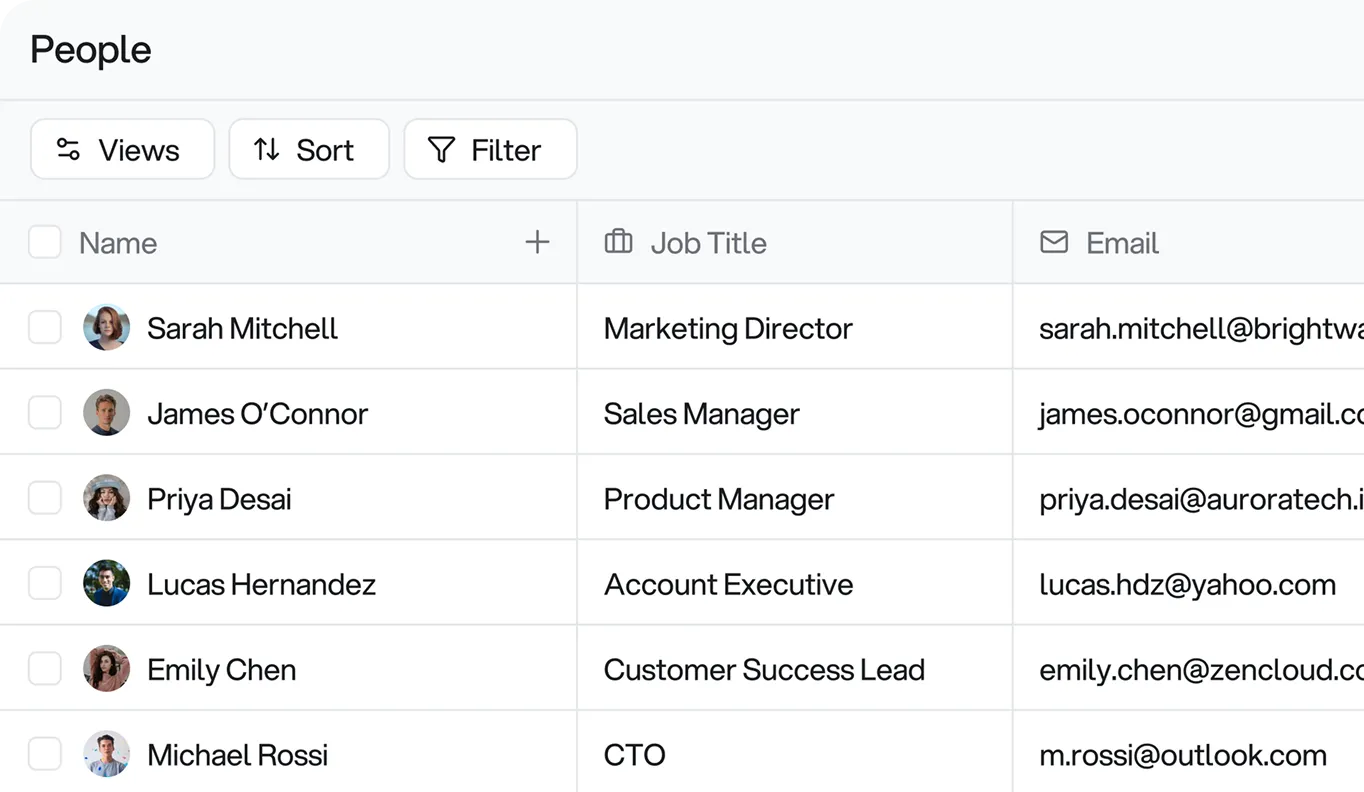 Acquisity CRM people table with names, job titles, and emails for ICP definition
