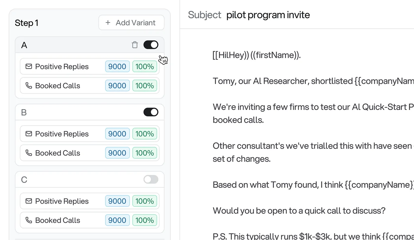 Acquisity cold email campaign builder with A/B testing variants and positive reply metrics