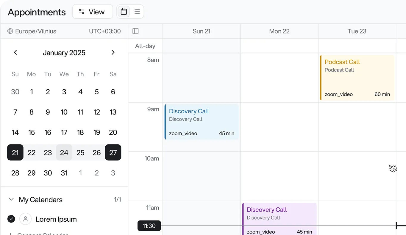 Acquisity calendar appointments view showing booked discovery calls and meetings